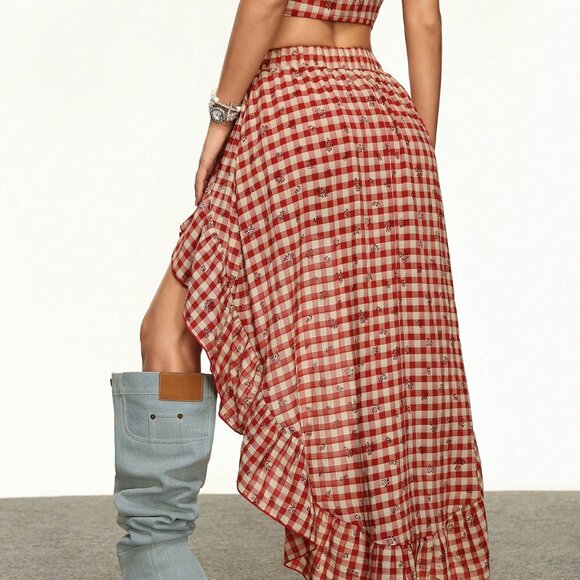 Red Casual Women's Plaid Print Valentine's Day Color Block Short Skirt - Picture 2 of 6